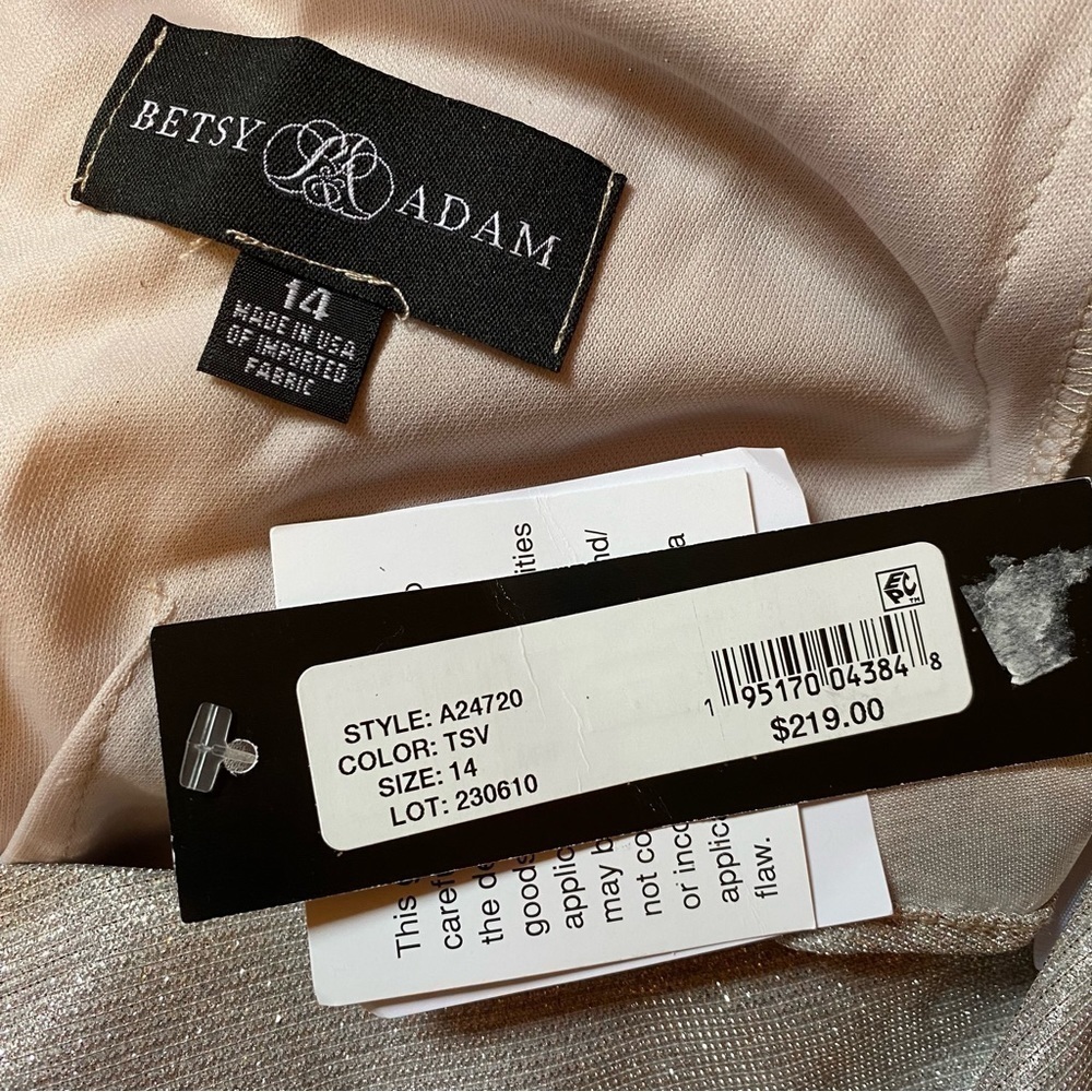 Betsy & Adam MARIANNA GLITTER GALAXY FLUTTER SLEEVE Ruched DRESS in Taupe/Silver - Picture 3 of 3